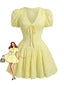 Gelbes 60er Baumwoll-Minikleid mit Blumenstickerei und Puffärmeln