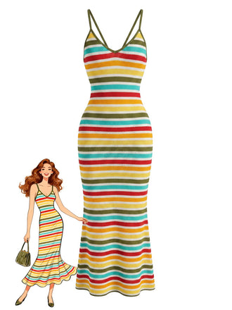 Mehrfarbiges 70er Boho Strick-Bodycon-Kleid mit rückenfrei
