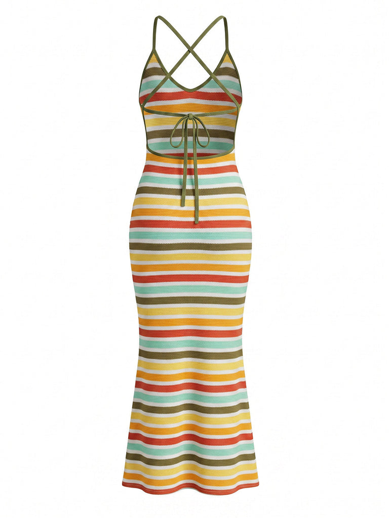 Mehrfarbiges 70er Boho Strick-Bodycon-Kleid mit rückenfrei