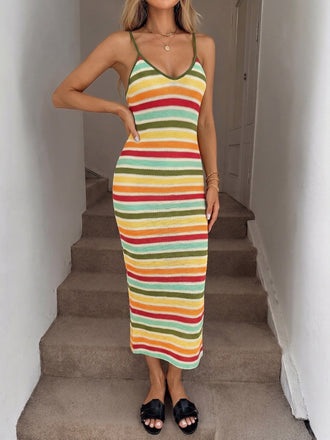 Mehrfarbiges 70er Boho Strick-Bodycon-Kleid mit rückenfrei