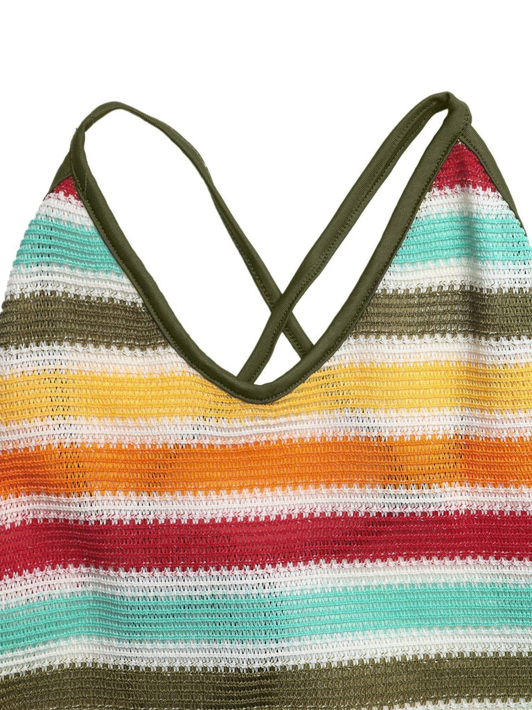 Mehrfarbiges 70er Boho Strick-Bodycon-Kleid mit rückenfrei