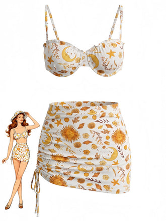 Gelbes 70er Bikini-Set mit Print und Himmlisch