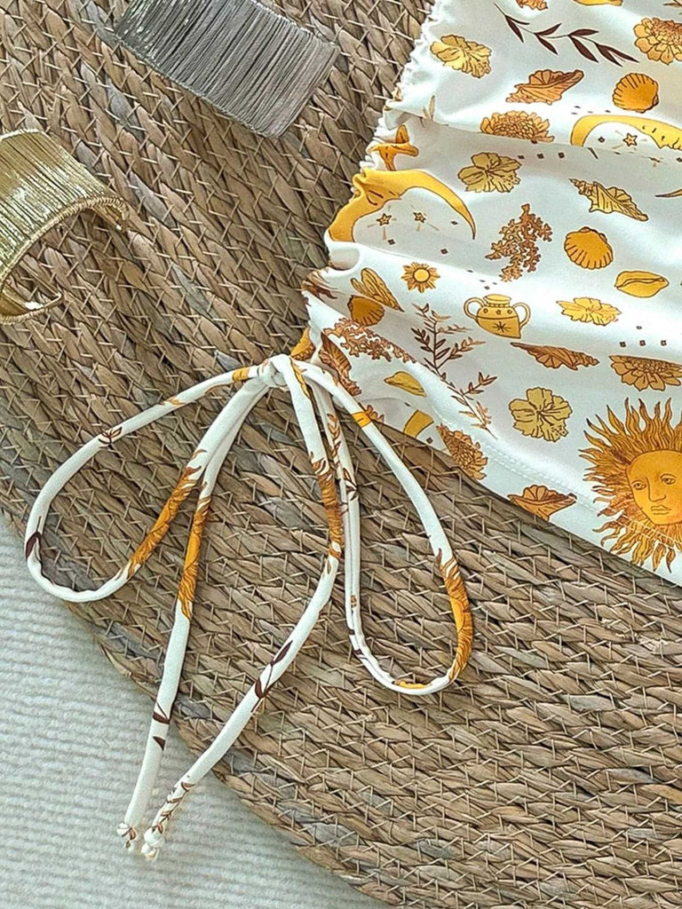 Gelbes 70er Bikini-Set mit Print und Himmlisch