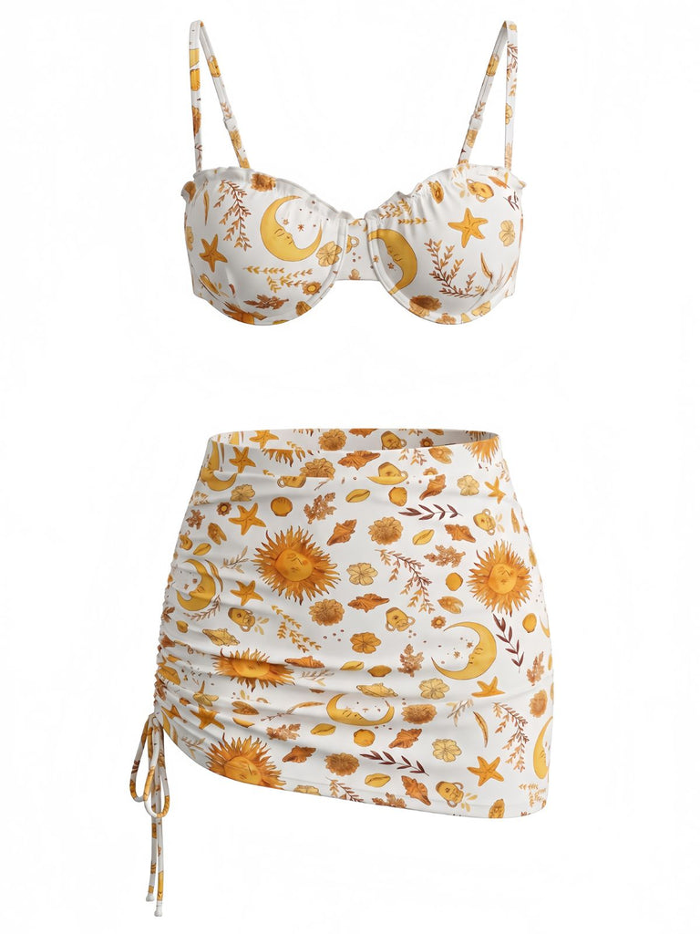 Gelbes 70er Bikini-Set mit Print und Himmlisch