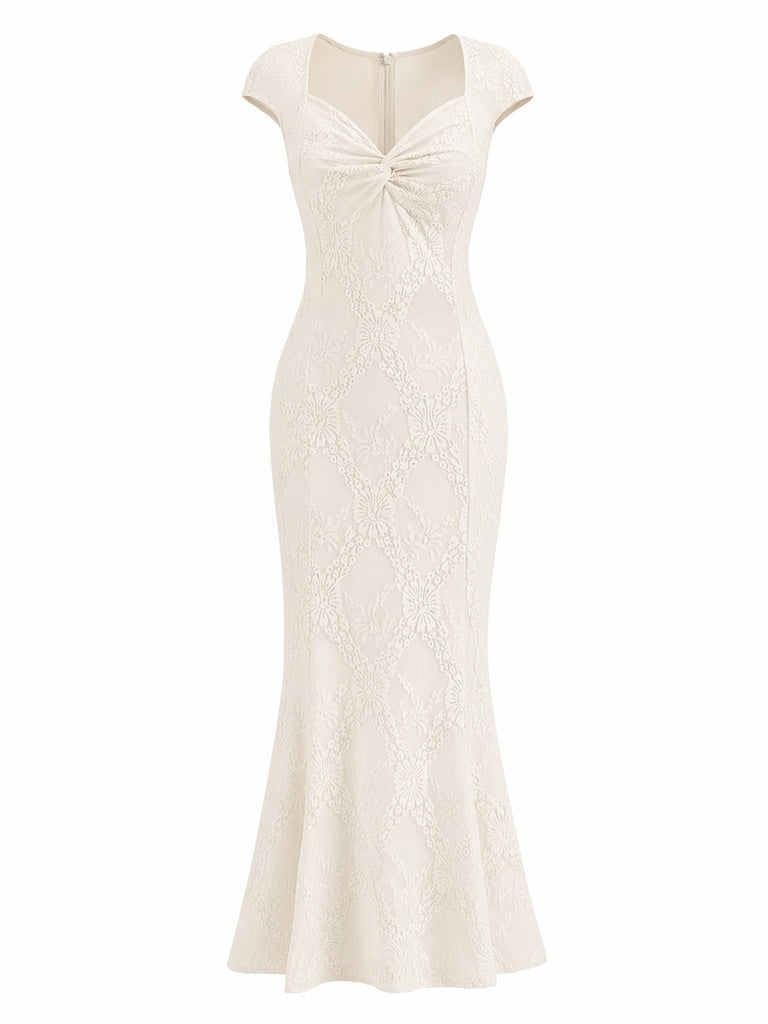 Cremefarbenes 30er Meerjungfrauenkleid mit Kappärmel und Spitze