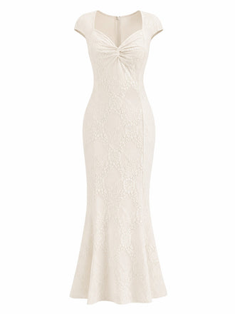 Cremefarbenes 30er Meerjungfrauenkleid mit Kappärmel und Spitze