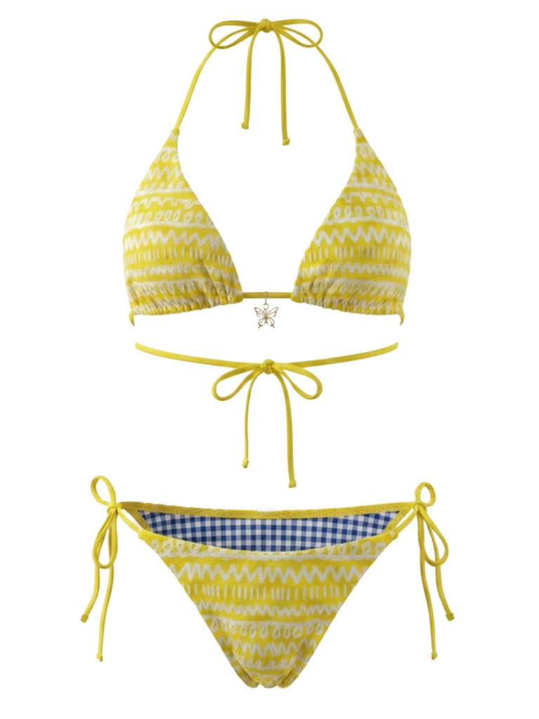 Gelb 80er Bikini-Set & Shorts mit Farbblock und Wendbar