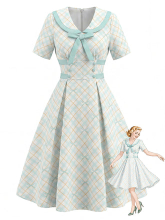 Gelbes & Blaues 50er Kleid mit Peter-Pan-Kragen und Schleife