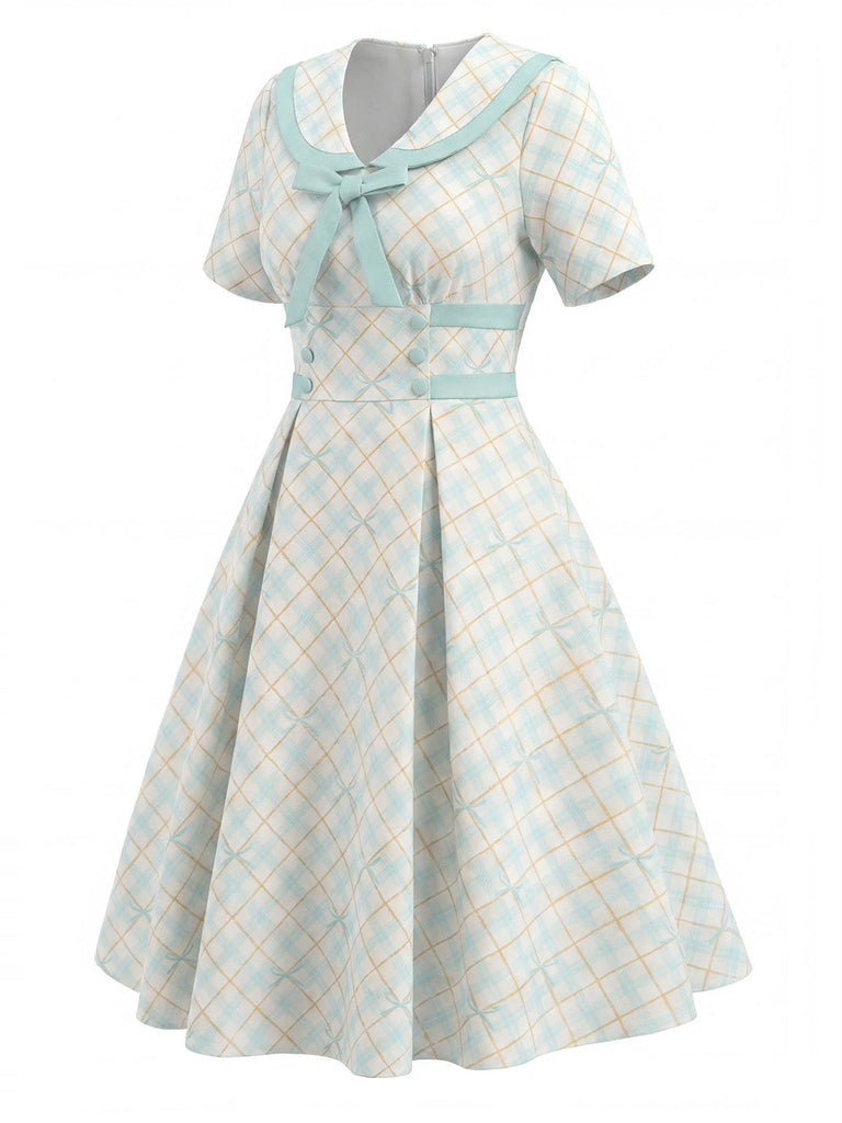 Gelbes & Blaues 50er Kleid mit Peter-Pan-Kragen und Schleife