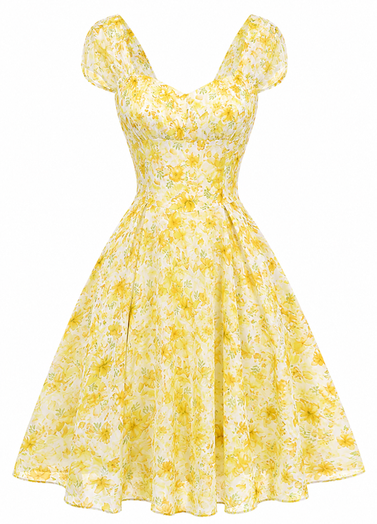 Gelbes 50er Swingkleid mit Herzausschnitt und Puffärmel