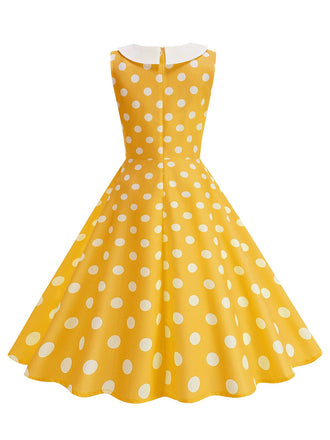 Gelbes 50er ärmelloses Kleid mit Polka-Dots und Peter-Pan-Kragen