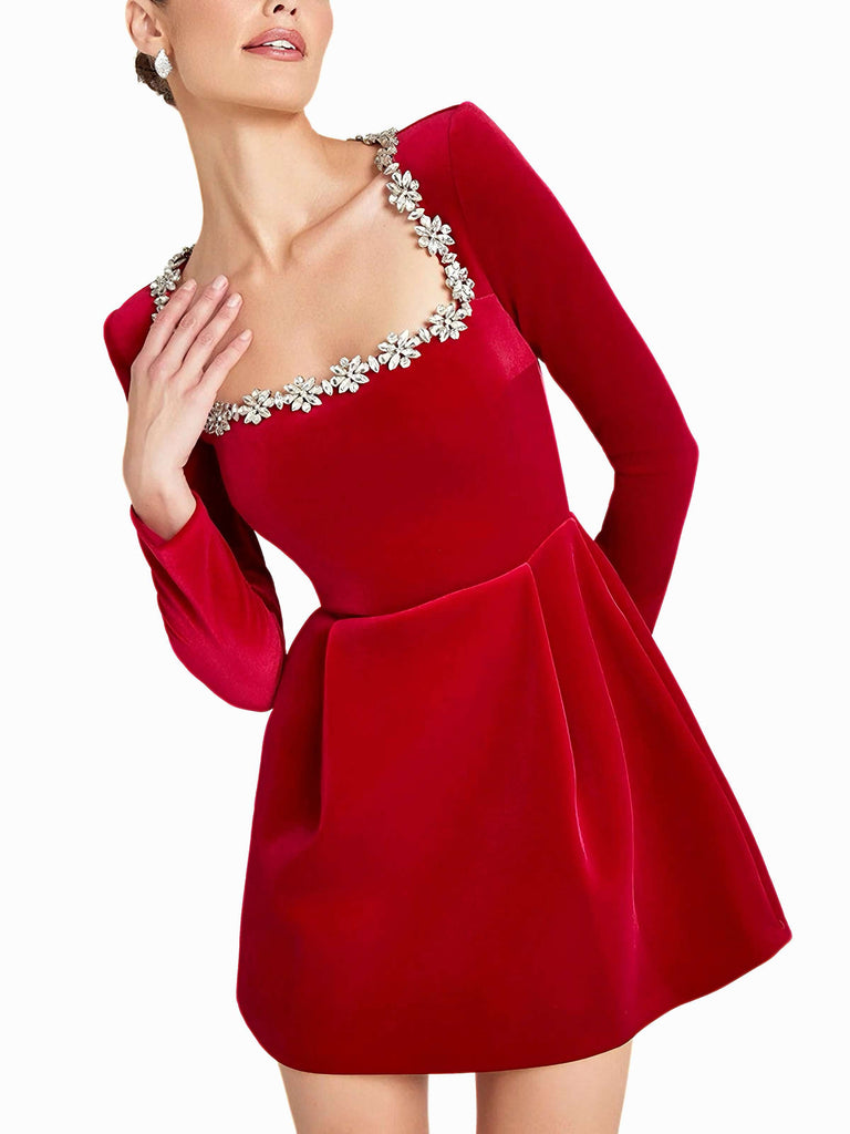 Rot 1960er Samt Diamant Quadrat Hals Kleid