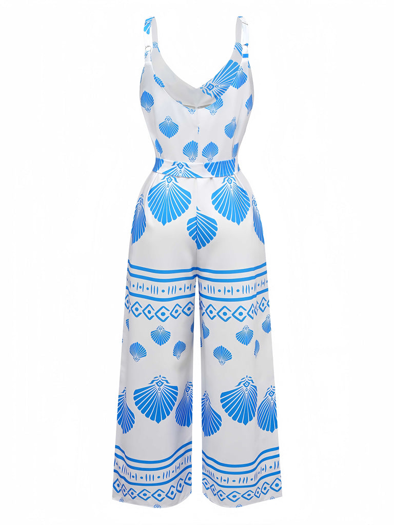 Blau 1930er Spaghetti Träger Muscheldruck Gürtel Jumpsuit