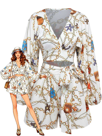 Weiß 1960er V-Ausschnitt Ketten Muschel Taille Cutout Romper