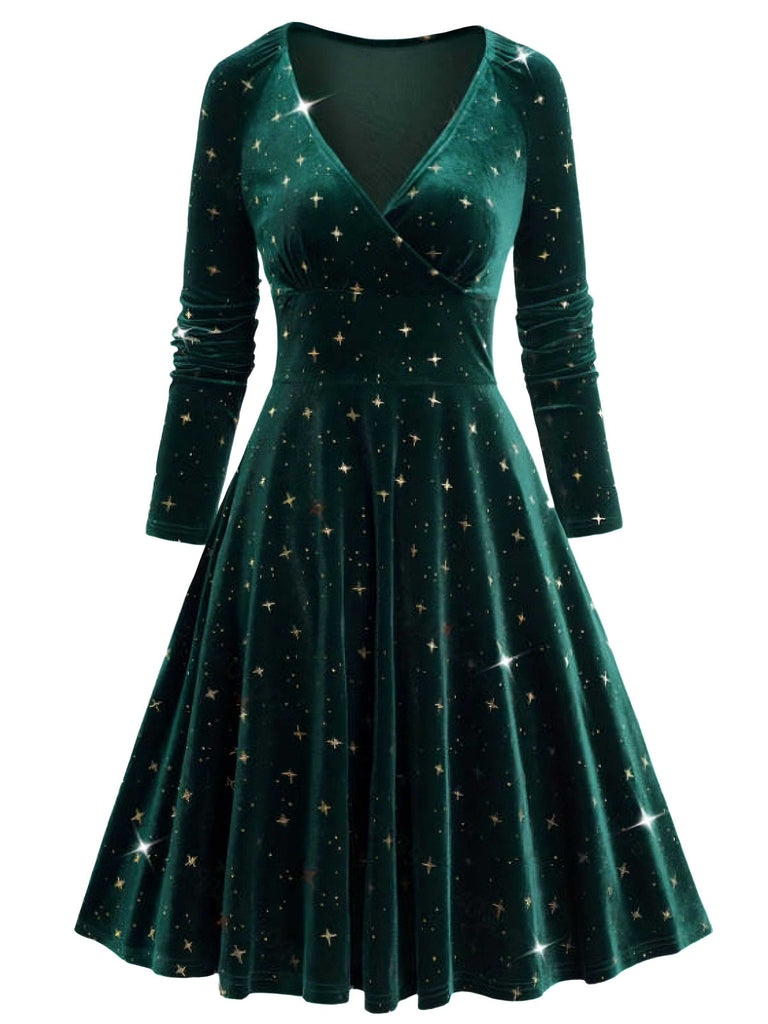 Dunkelgrün 1940er V-Ausschnitt Stern Samt Kleid