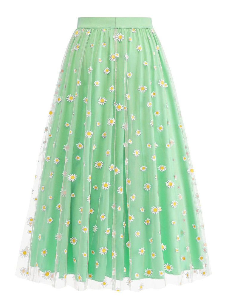 1940er Gänseblümchen Netz Hohe Taille A-Linie Rock