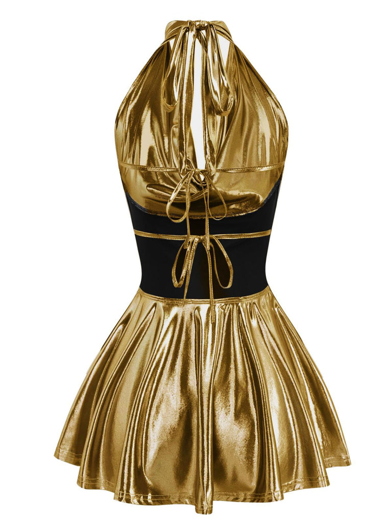 1970er Metallic V-Ausschnitt Plissiertes Mini Dress