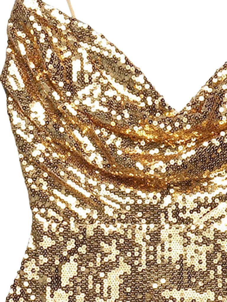 Gold 1970er Solide Pailletten Mini Party Kleid