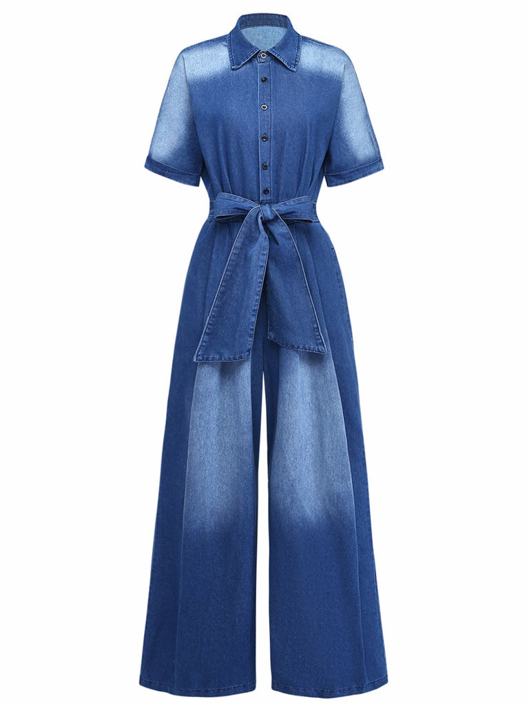 Denim 1970er Revers Knöpfe Gürtel Taille Jumpsuit