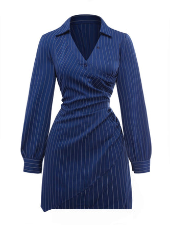 Blau 1960er V-Ausschnitt Wickeln Streifen Hemd Kleid