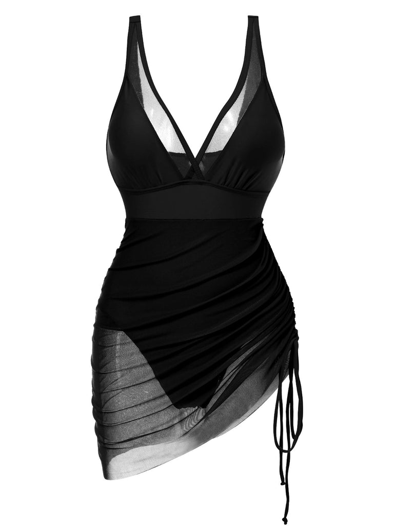 [Vorverkauf] 1950er Träger Sheer Netz Solide Badeanzug