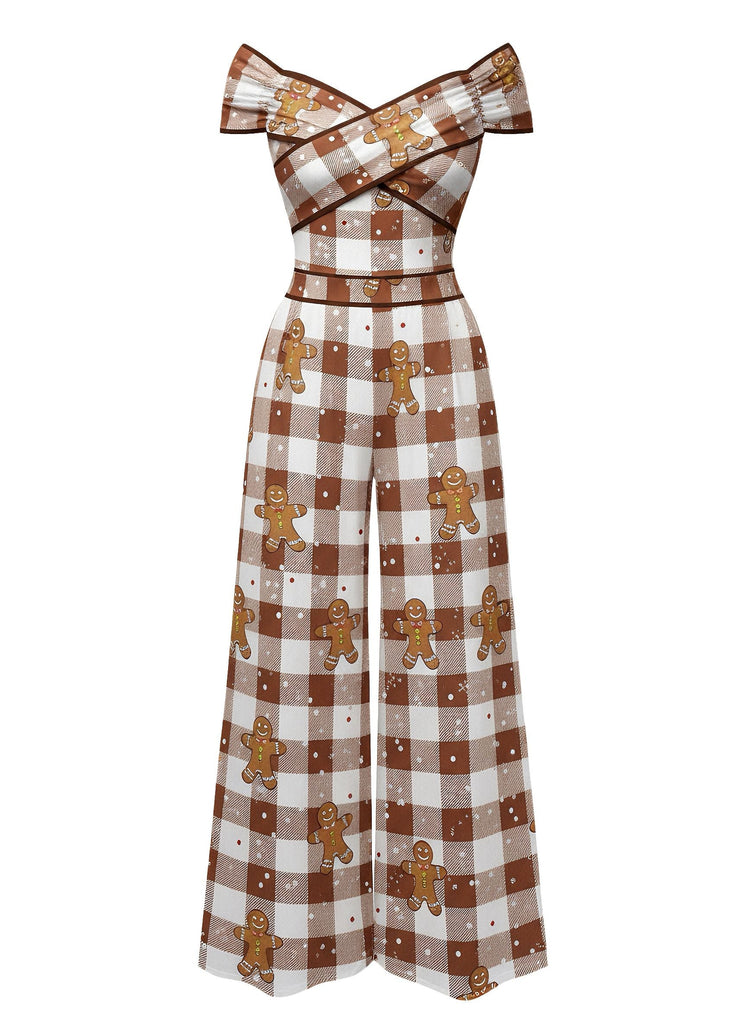 Braun 1960er Schulterfrei Lebkuchen Jumpsuit