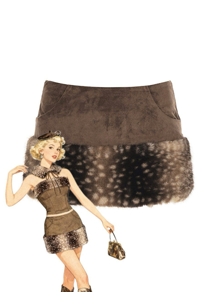 Braun 1980er Reh Kunstpelz-Verziert Rock