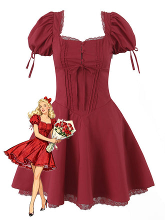 Rot 1960er Solide Puffärmel Schnürung Kleid