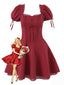 Rot 1960er Solide Puffärmel Schnürung Kleid
