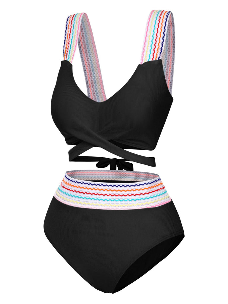 1940er Regenbogen Schnürung Patchwork Gurt Bikini Set