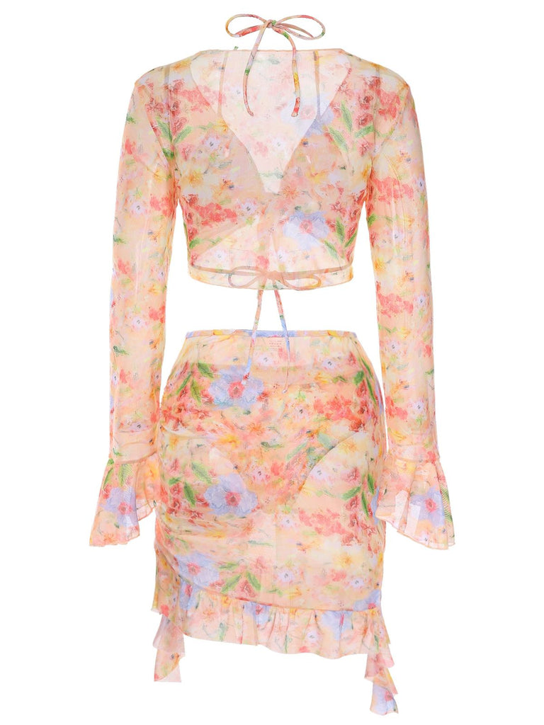 4PCS 1950er Blumen Badeanzug Kleid Set