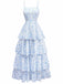 Blau 1970er Spaghetti Träger Blumen Stufenkleid