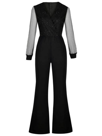 Schwarz 1940er V-Ausschnitt Funkeln Netz Jumpsuit