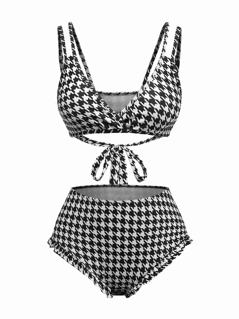 Schwarz 1930er Hahnentritt Schnürung Bikini Set