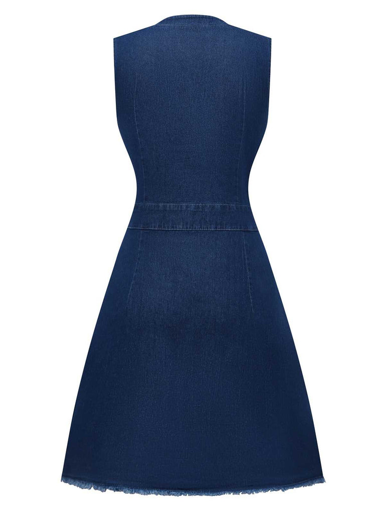 Blau 1970er Taschen Ärmellos A-Linie Denim Kleid