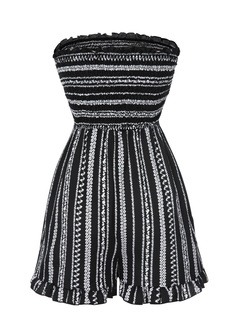 [Vorverkauf] Schwarz 1970er Boho Streifen Bandeau Gesmokt Romper