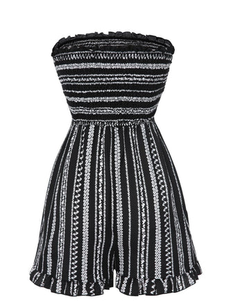 [Vorverkauf] Schwarz 1970er Boho Streifen Bandeau Gesmokt Romper