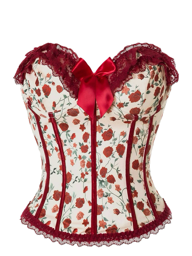 Rot 1970er Trägerlos Gericht Spitze Rosen Korsett