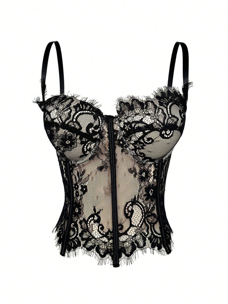 Schwarz 1980er Spitze Steampunk Fischgräten Korsett