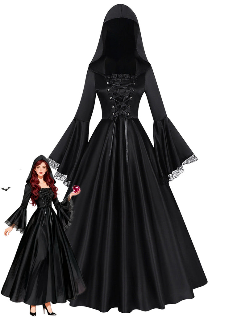 Schwarzes 70er Hexenkleid mit Kapuze und Mittelalter-Look