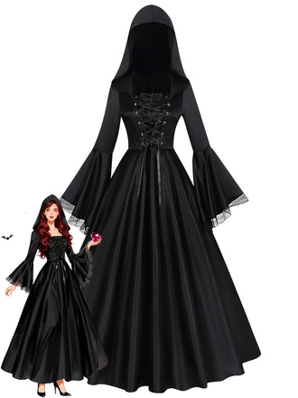 Schwarzes 70er Hexenkleid mit Kapuze und Mittelalter-Look
