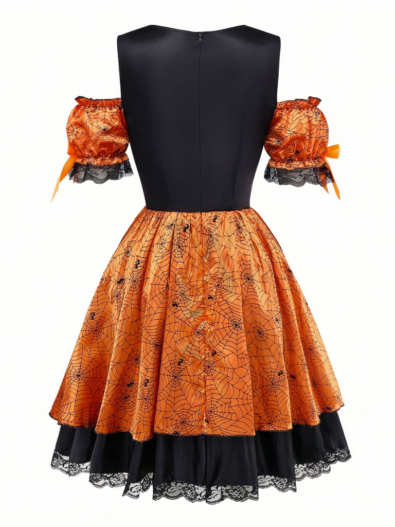 Orange 1960er Halloween Kürbis Spinnennetz Puffärmel Kleid