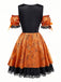 Orange 1960er Halloween Kürbis Spinnennetz Puffärmel Kleid