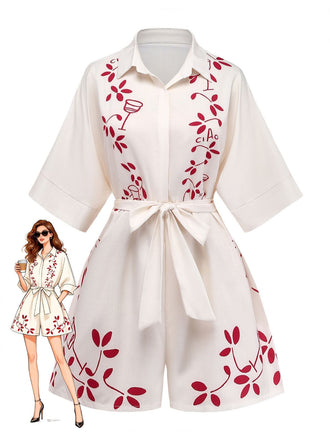 Beigefarbener Jumpsuit mit botanischem Muster im Stil der 1950er Jahre mit Gürtel