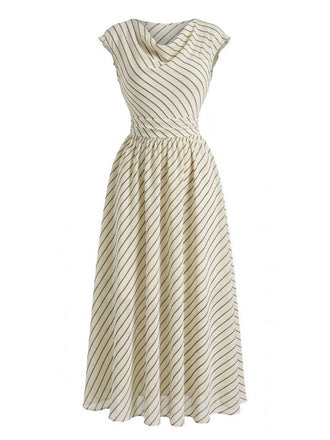 Beigefarbenes 1950er Chiffon-Streifen-Swingkleid mit Wasserfallausschnitt