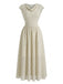 Beigefarbenes 1950er Chiffon-Streifen-Swingkleid mit Wasserfallausschnitt