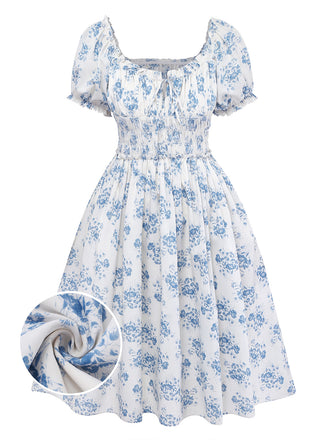 [Vorbestellung] Blaues romantisches Blumenkleid im Stil der 1950er Jahre mit elastischem Bund, Größe 9