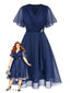 [Vorverkauf] [Übergröße] Marineblau 1940er Brosche Chiffon Wickel Kleid