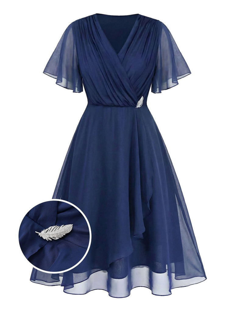 [Übergröße] Marineblau 1940s Brosche Chiffon Wickel Kleid-with-detail