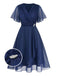 [Übergröße] Marineblau 1940s Brosche Chiffon Wickel Kleid-with-detail